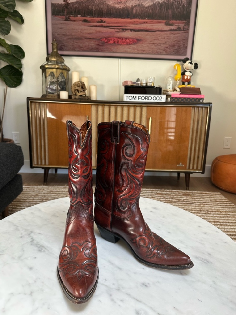 Vintage Wrangler Brown Tooled Leather Western Cowboy Boots SZ 10.5